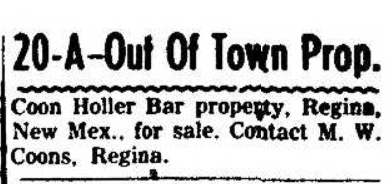 1957 For Sale Ad by Mr. Coons for the Coon Holler bar