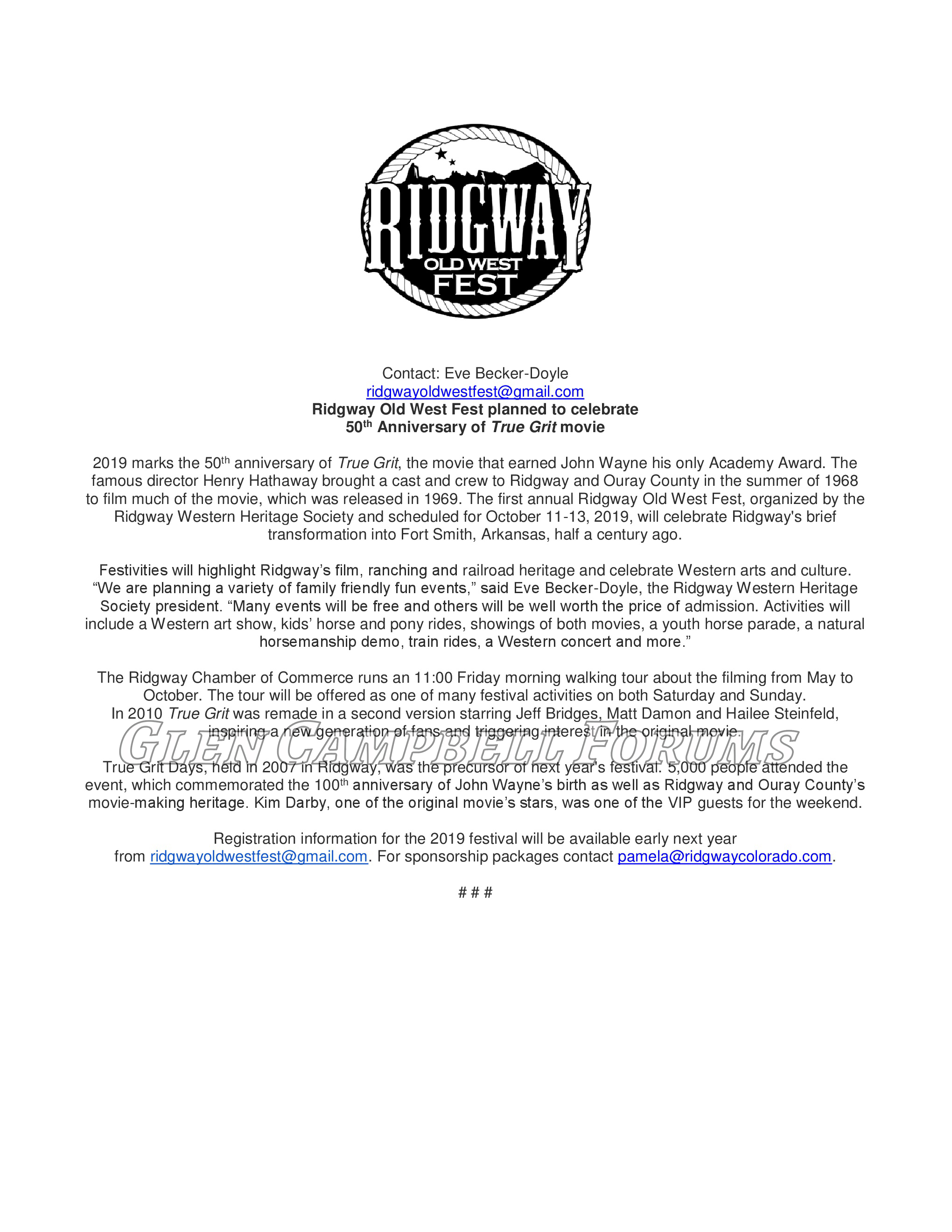 Ridgway Press Release for True Grit 50 year Festival