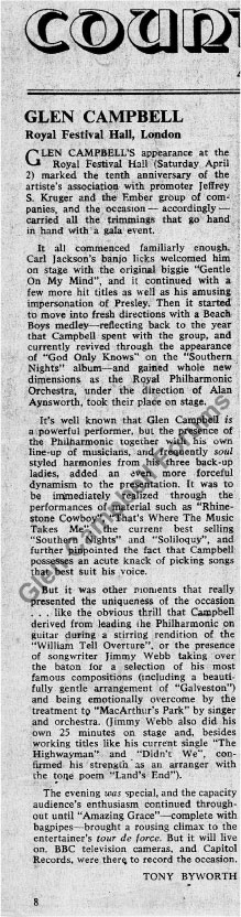 Review of 1977 Royal Festival Hall concert, Tony Byworth, Country Music People, May 1977, p. 8