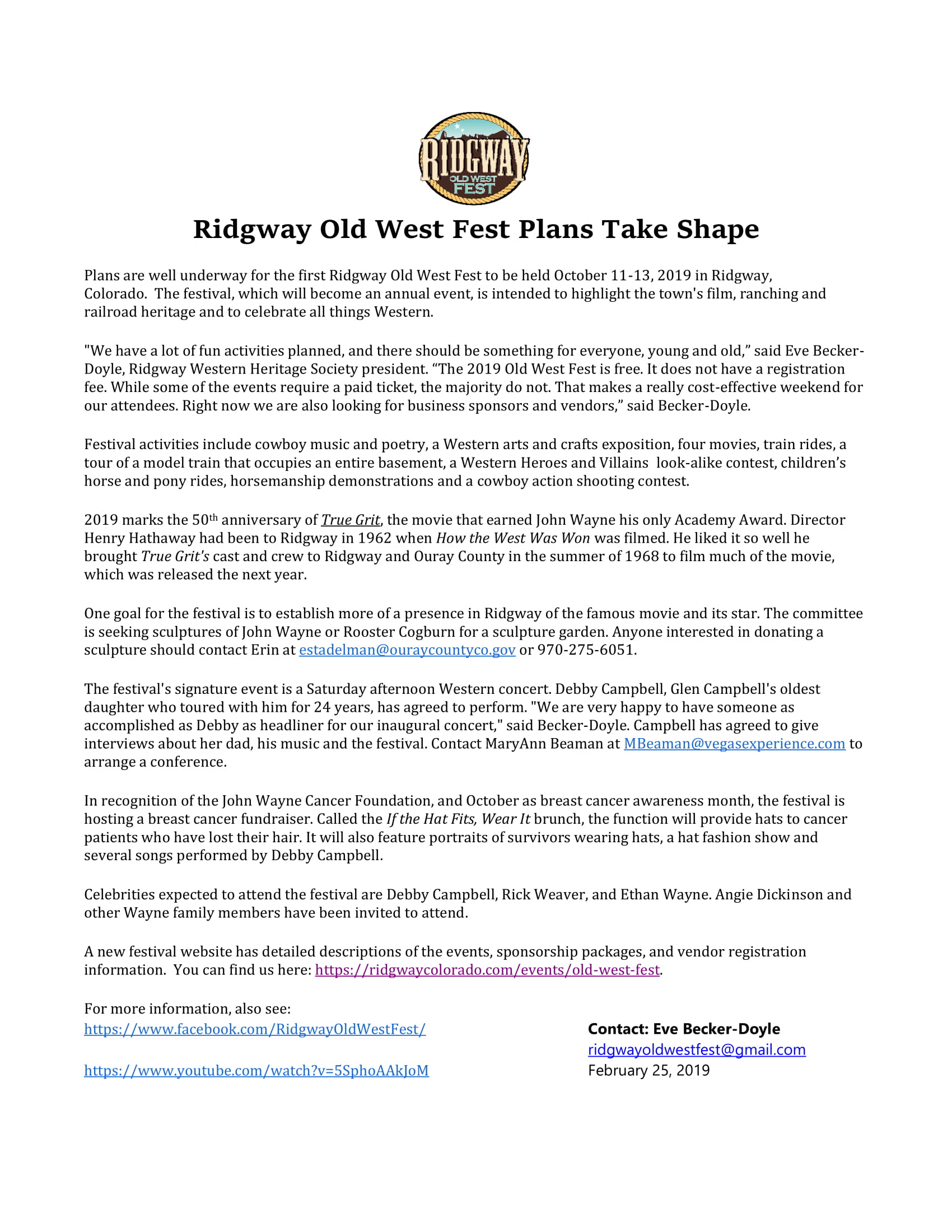 Press Release for Ridgway Old West Fest True Grit Festival