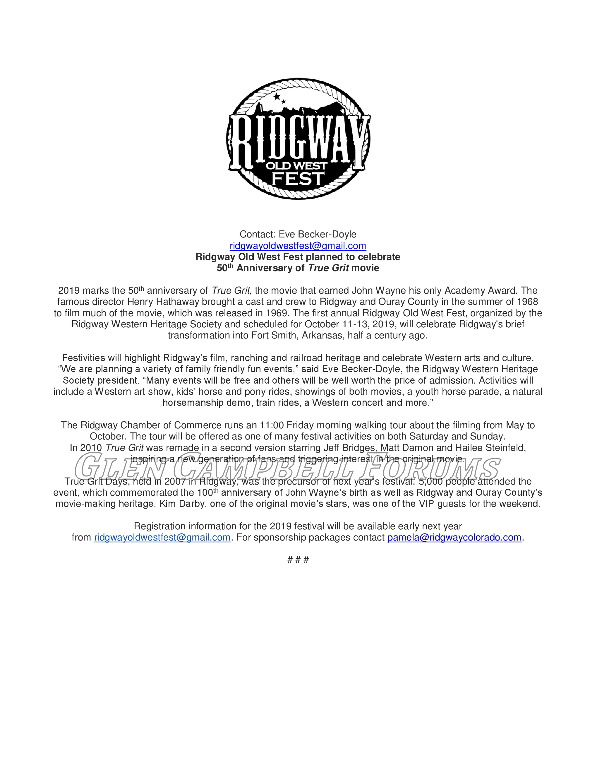 Ridgway Press Release for True Grit 50 year Festival